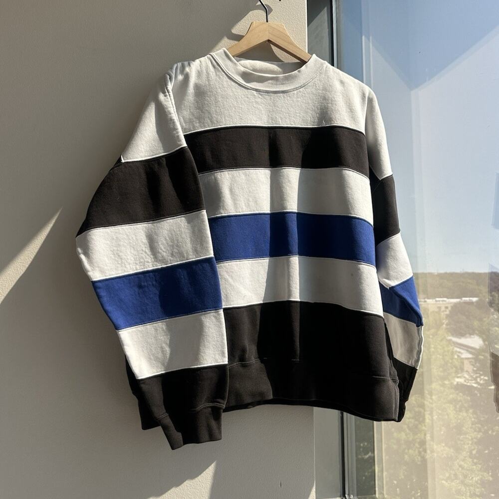 VTG THE FOX COLLECTION Black White Blue Striped Fleece Crewneck Sweatshirt XL